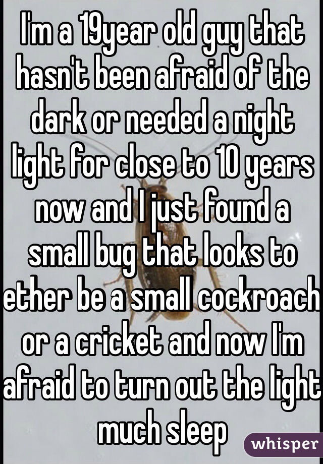 I'm a 19year old guy that hasn't been afraid of the dark or needed a night light for close to 10 years now and I just found a small bug that looks to ether be a small cockroach or a cricket and now I'm afraid to turn out the light much sleep  