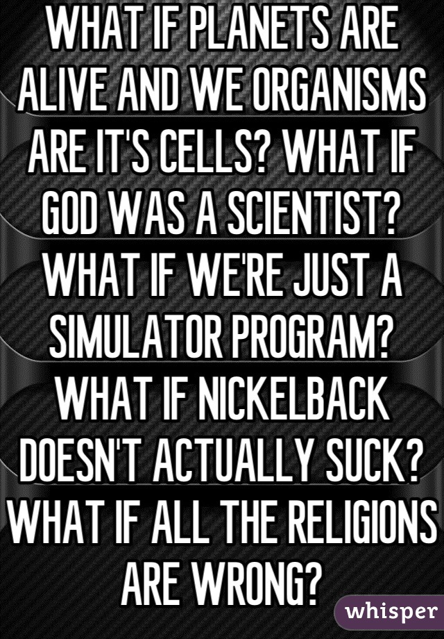 WHAT IF PLANETS ARE ALIVE AND WE ORGANISMS ARE IT'S CELLS? WHAT IF GOD WAS A SCIENTIST? WHAT IF WE'RE JUST A SIMULATOR PROGRAM? WHAT IF NICKELBACK DOESN'T ACTUALLY SUCK? WHAT IF ALL THE RELIGIONS ARE WRONG?