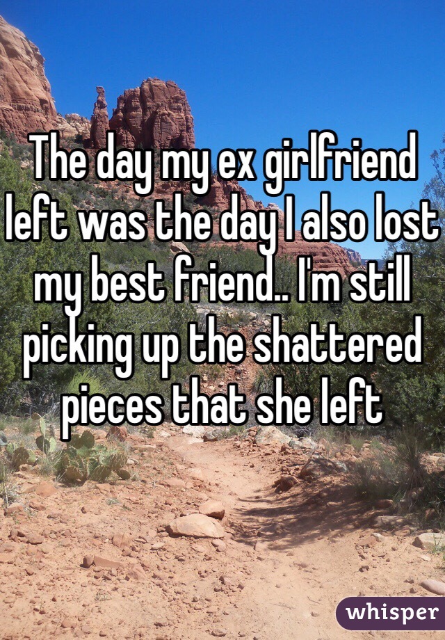 The day my ex girlfriend left was the day I also lost my best friend.. I'm still picking up the shattered pieces that she left 