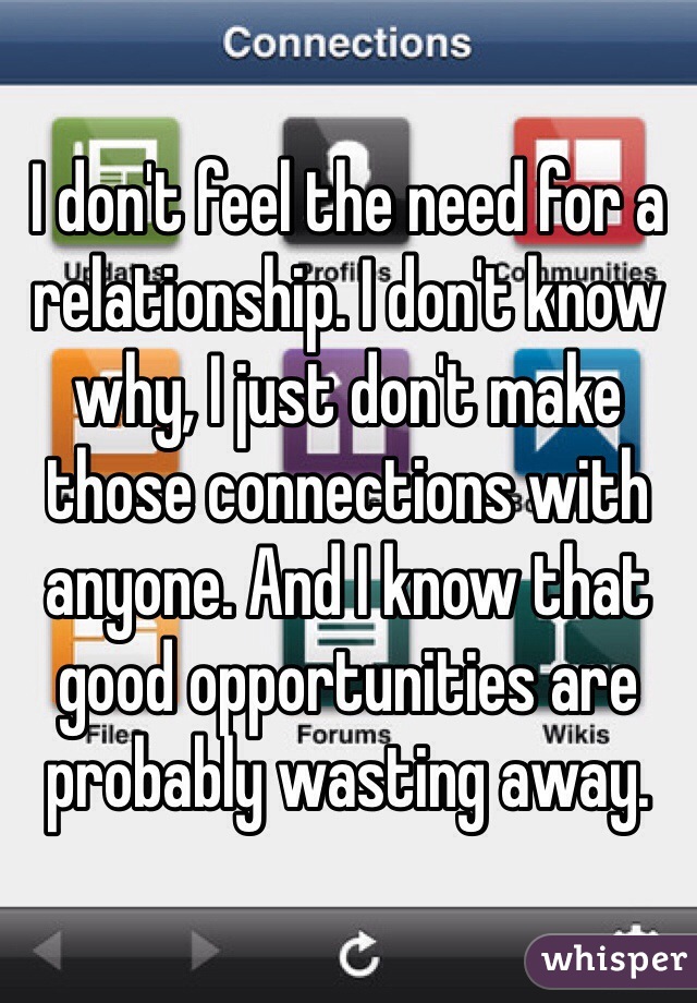 I don't feel the need for a relationship. I don't know why, I just don't make those connections with anyone. And I know that good opportunities are probably wasting away. 