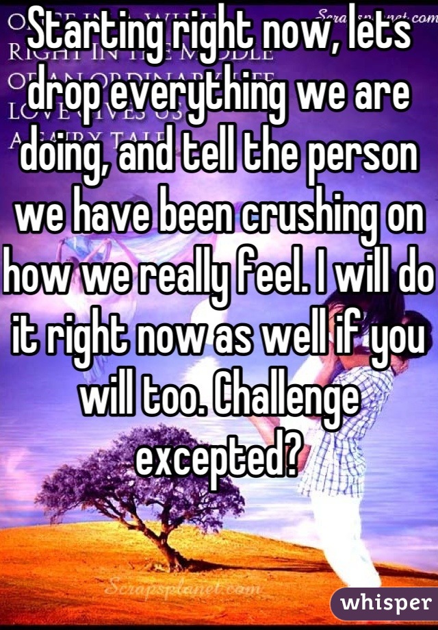 Starting right now, lets drop everything we are doing, and tell the person we have been crushing on how we really feel. I will do it right now as well if you will too. Challenge excepted?