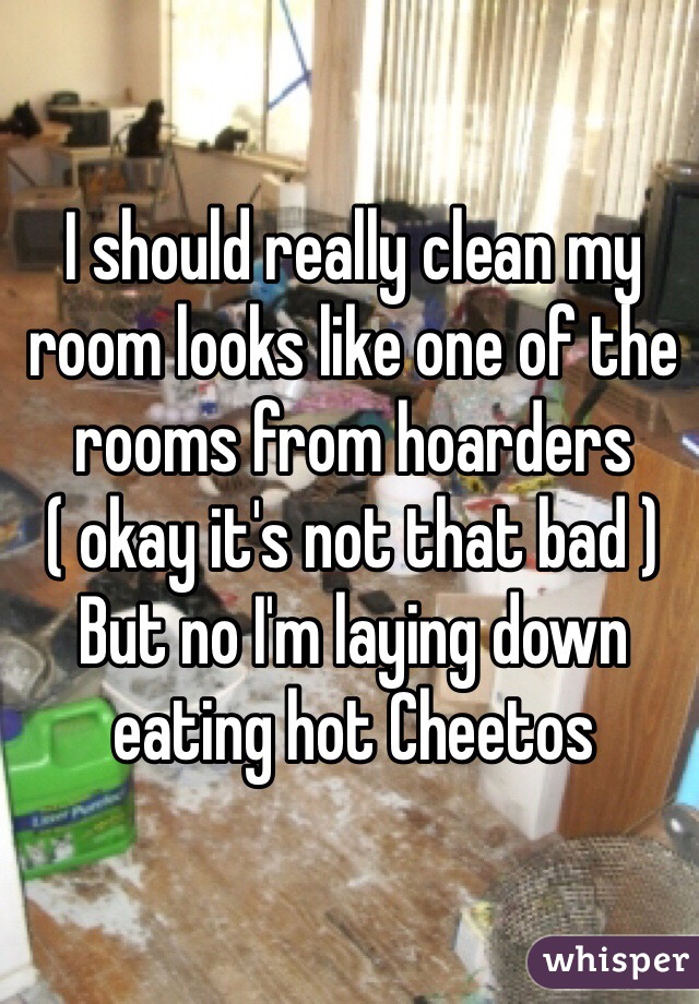 I should really clean my room looks like one of the rooms from hoarders ( okay it's not that bad ) But no I'm laying down eating hot Cheetos 