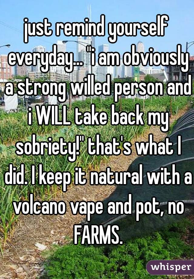 just remind yourself everyday... "i am obviously a strong willed person and i WILL take back my sobriety!" that's what I did. I keep it natural with a volcano vape and pot, no FARMS.