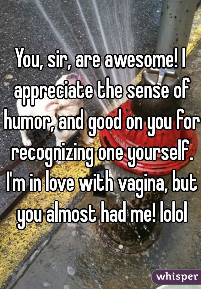 You, sir, are awesome! I appreciate the sense of humor, and good on you for recognizing one yourself. I'm in love with vagina, but you almost had me! lolol