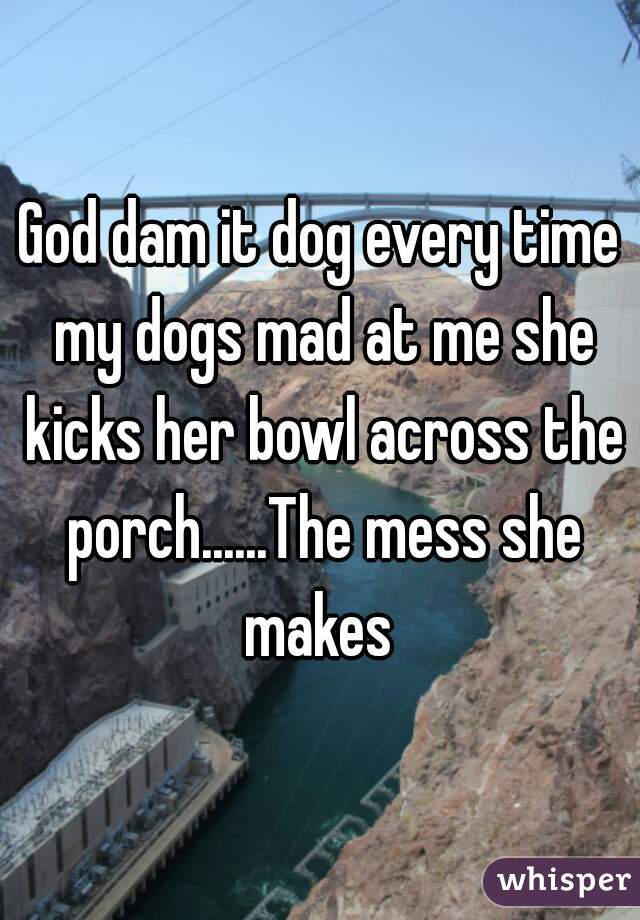 God dam it dog every time my dogs mad at me she kicks her bowl across the porch......The mess she makes 