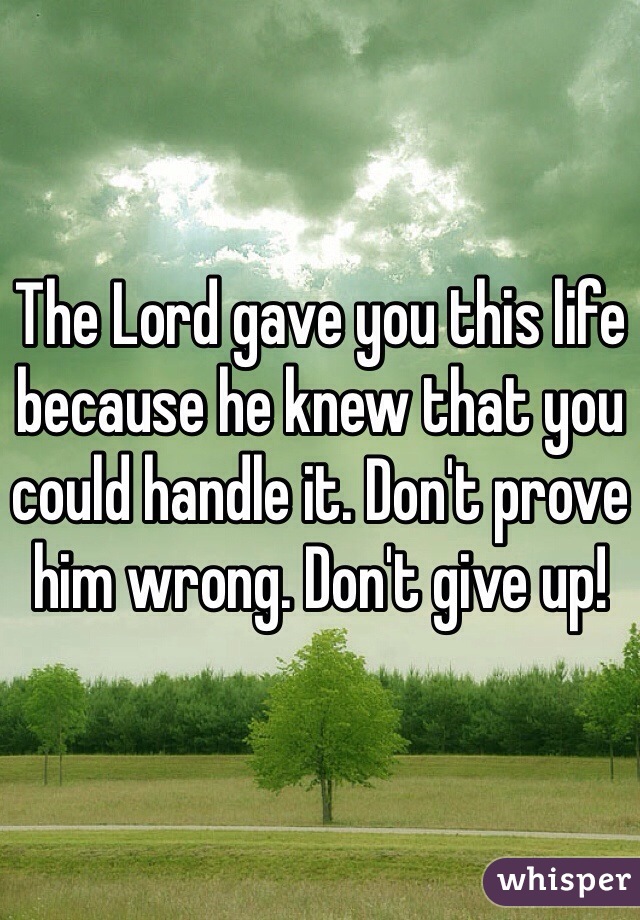 The Lord gave you this life because he knew that you could handle it. Don't prove him wrong. Don't give up! 
