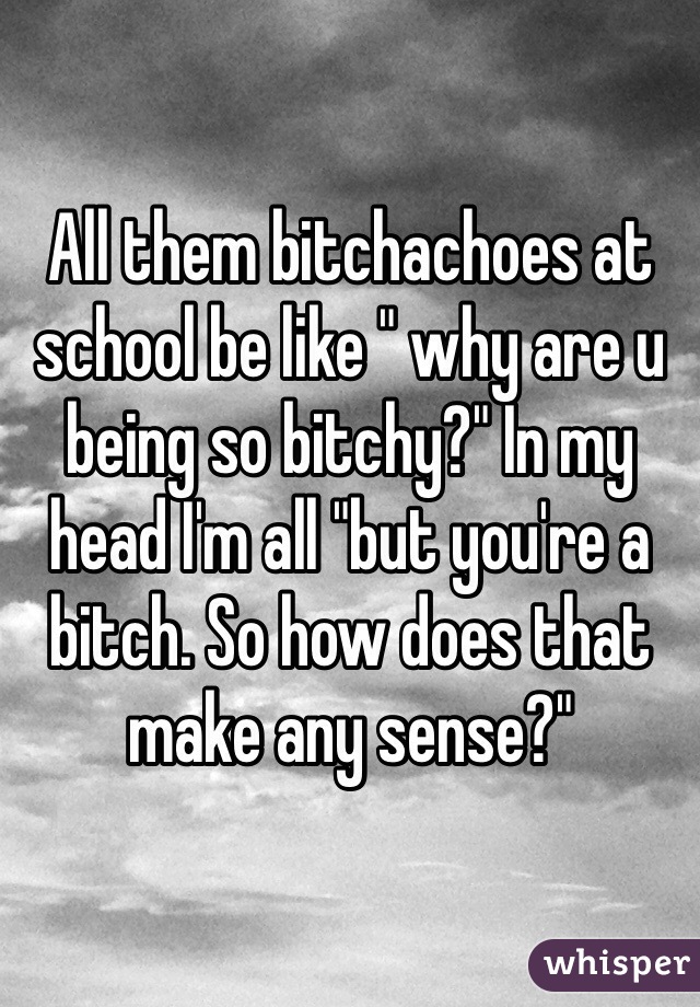 All them bitchachoes at school be like " why are u being so bitchy?" In my head I'm all "but you're a bitch. So how does that make any sense?"