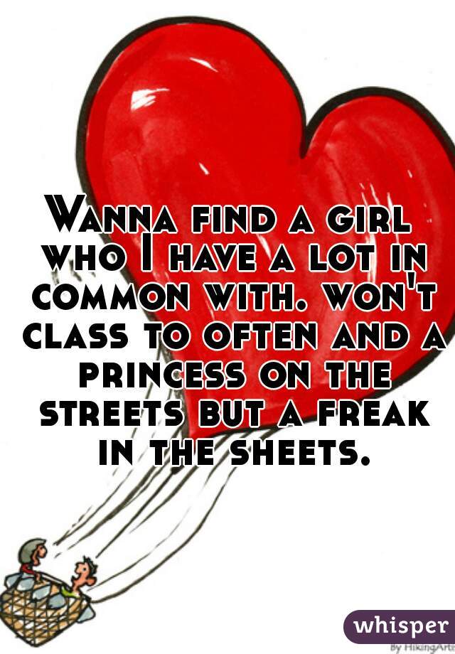 Wanna find a girl who I have a lot in common with. won't class to often and a princess on the streets but a freak in the sheets.
