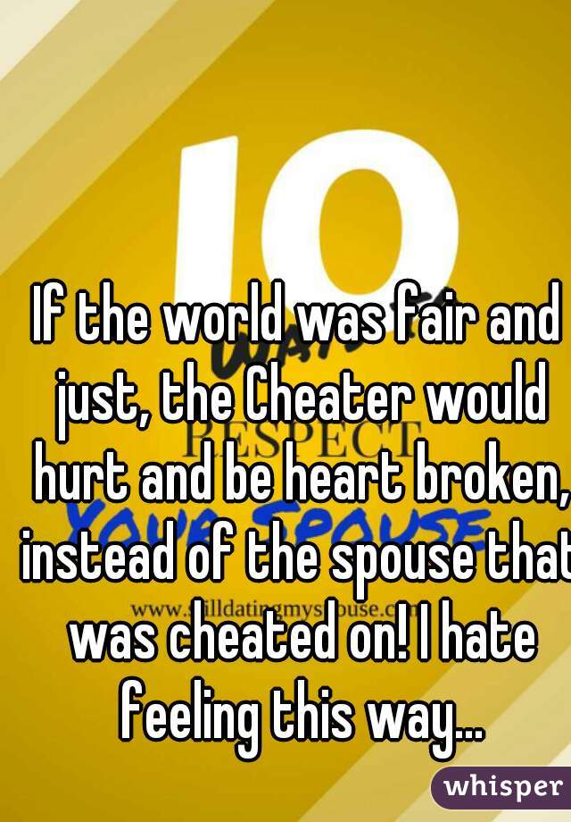 If the world was fair and just, the Cheater would hurt and be heart broken, instead of the spouse that was cheated on! I hate feeling this way...