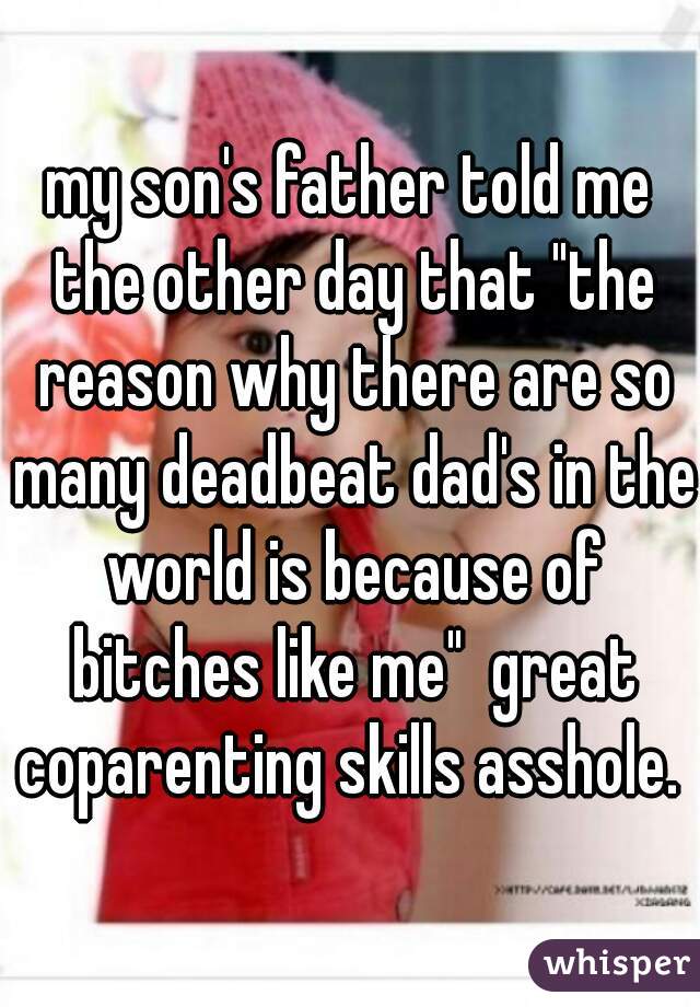 my son's father told me the other day that "the reason why there are so many deadbeat dad's in the world is because of bitches like me"  great coparenting skills asshole. 