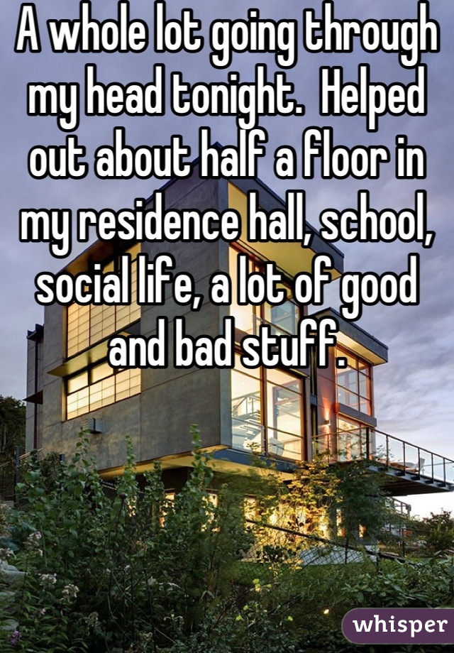 A whole lot going through my head tonight.  Helped out about half a floor in my residence hall, school, social life, a lot of good and bad stuff.