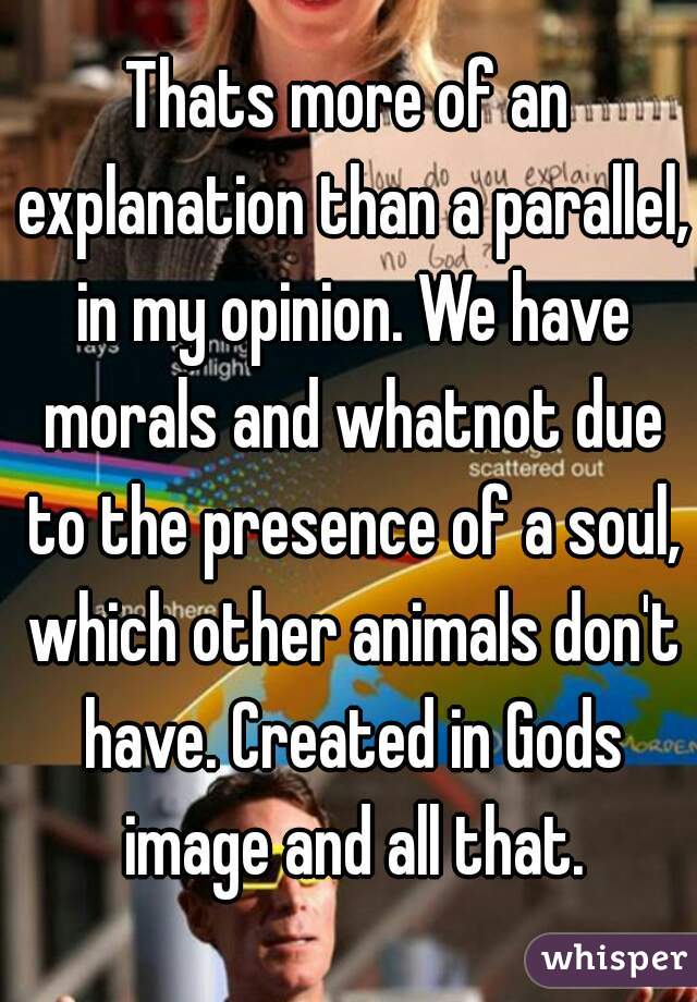 Thats more of an explanation than a parallel, in my opinion. We have morals and whatnot due to the presence of a soul, which other animals don't have. Created in Gods image and all that.