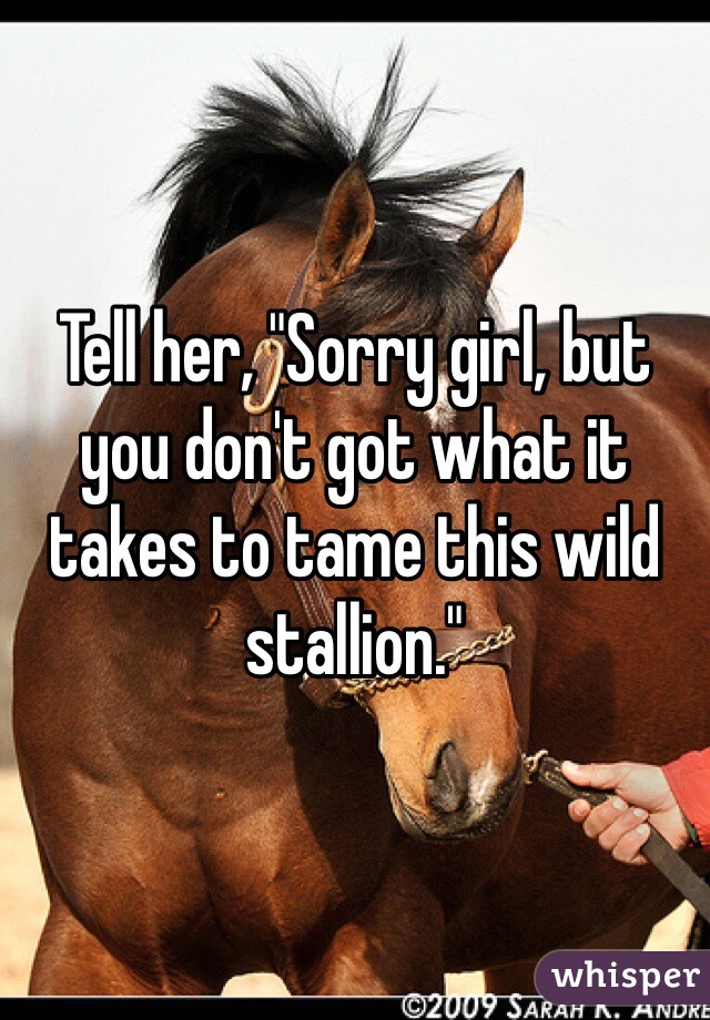 Tell her, "Sorry girl, but you don't got what it takes to tame this wild stallion."