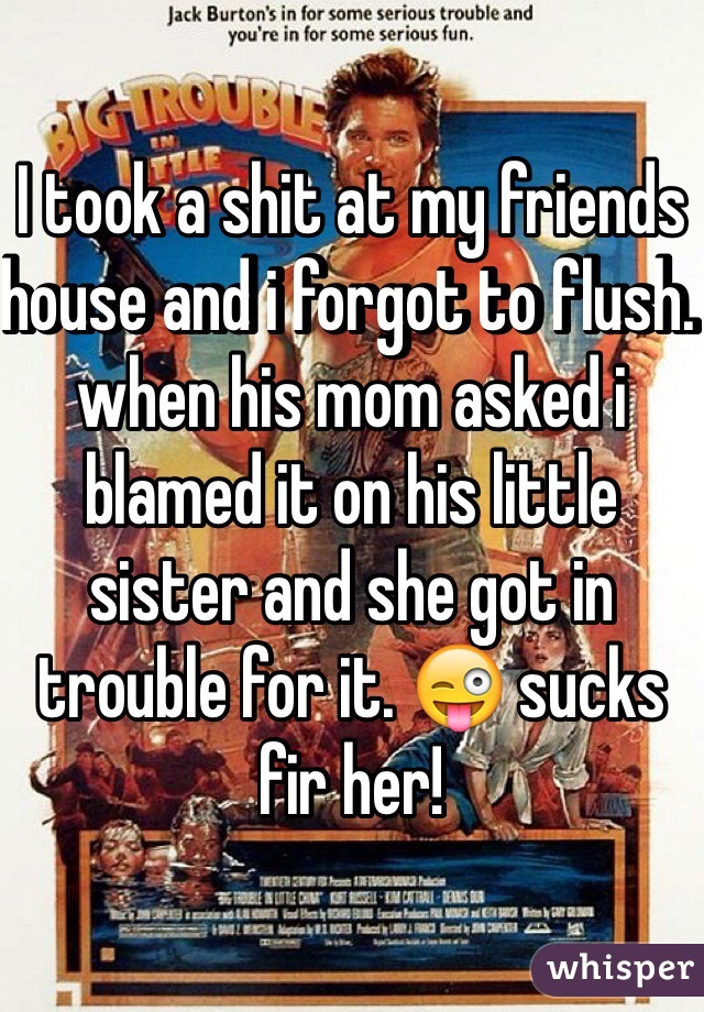 I took a shit at my friends house and i forgot to flush. when his mom asked i blamed it on his little sister and she got in trouble for it. 😜 sucks fir her!