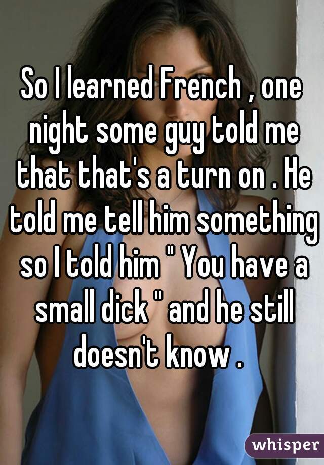 So I learned French , one night some guy told me that that's a turn on . He told me tell him something so I told him " You have a small dick " and he still doesn't know .  