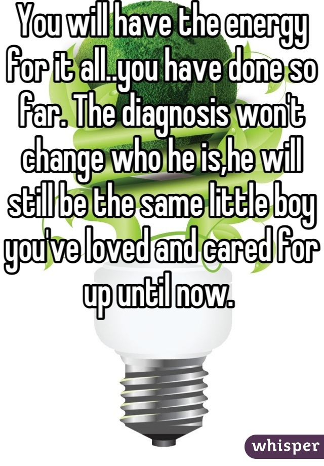 You will have the energy for it all..you have done so far. The diagnosis won't change who he is,he will still be the same little boy you've loved and cared for up until now. 