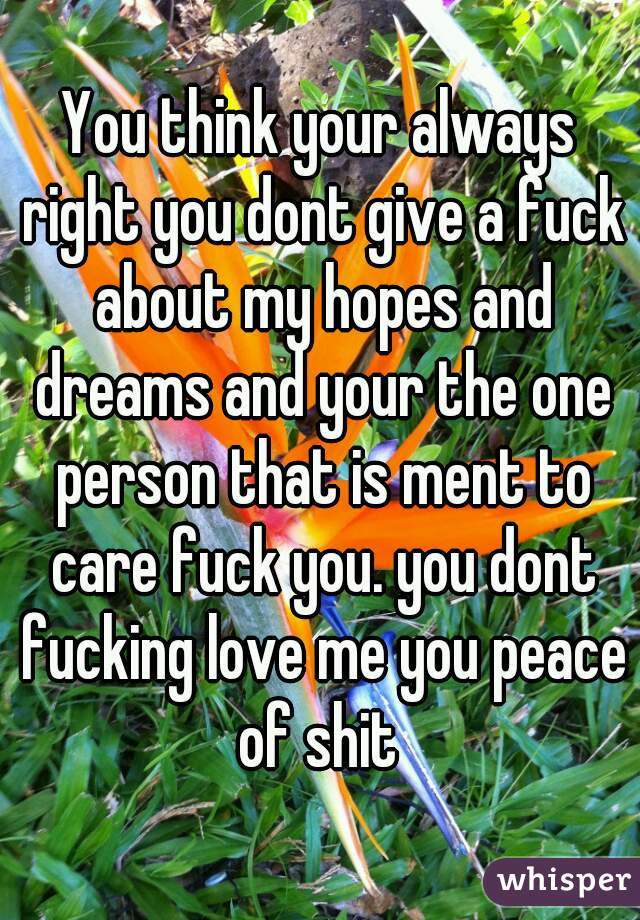 You think your always right you dont give a fuck about my hopes and dreams and your the one person that is ment to care fuck you. you dont fucking love me you peace of shit 