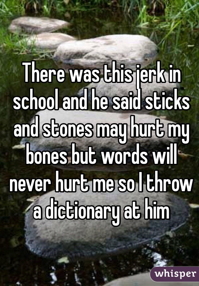 There was this jerk in school and he said sticks and stones may hurt my bones but words will never hurt me so I throw a dictionary at him 
