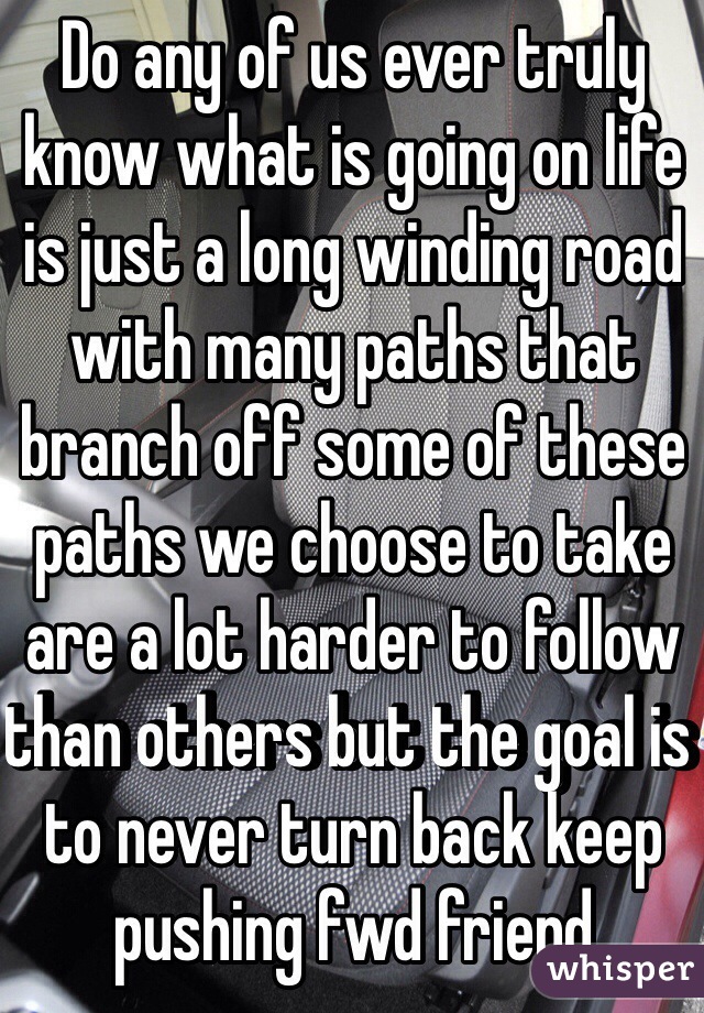 Do any of us ever truly know what is going on life is just a long winding road with many paths that branch off some of these paths we choose to take are a lot harder to follow than others but the goal is to never turn back keep pushing fwd friend  