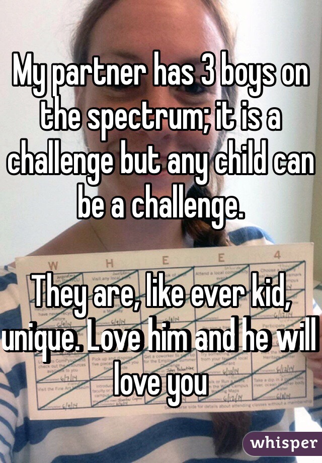 My partner has 3 boys on the spectrum; it is a challenge but any child can be a challenge.

They are, like ever kid, unique. Love him and he will love you