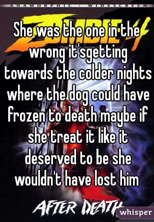 She was the one in the wrong it'sgetting towards the colder nights where the dog could have frozen to death maybe if she treat it like it deserved to be she wouldn't have lost him 
