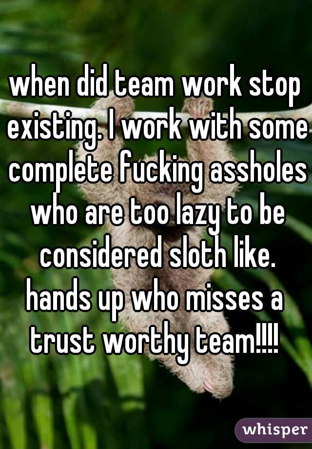 when did team work stop existing. I work with some complete fucking assholes who are too lazy to be considered sloth like.
hands up who misses a trust worthy team!!!! 