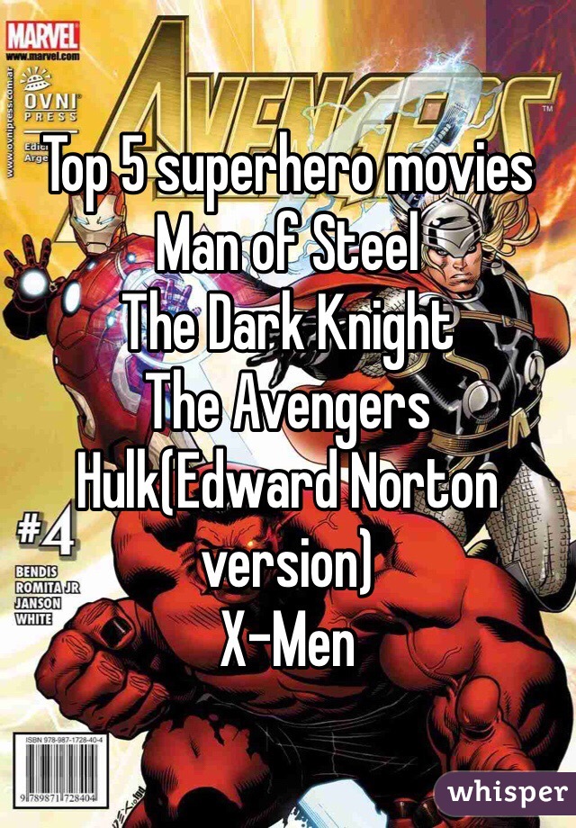 Top 5 superhero movies
Man of Steel
The Dark Knight 
The Avengers
Hulk(Edward Norton version)
X-Men 