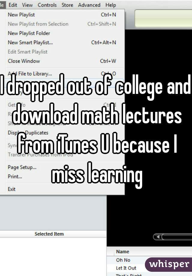 I dropped out of college and download math lectures from iTunes U because I miss learning