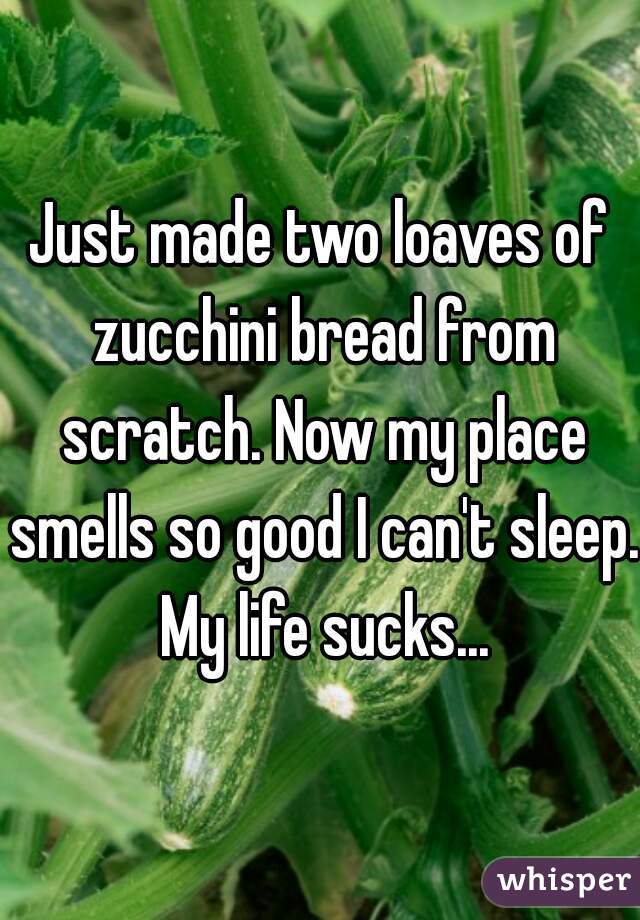 Just made two loaves of zucchini bread from scratch. Now my place smells so good I can't sleep. My life sucks...