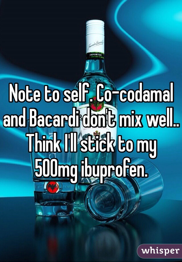 Note to self. Co-codamal and Bacardi don't mix well.. Think I'll stick to my 500mg ibuprofen. 