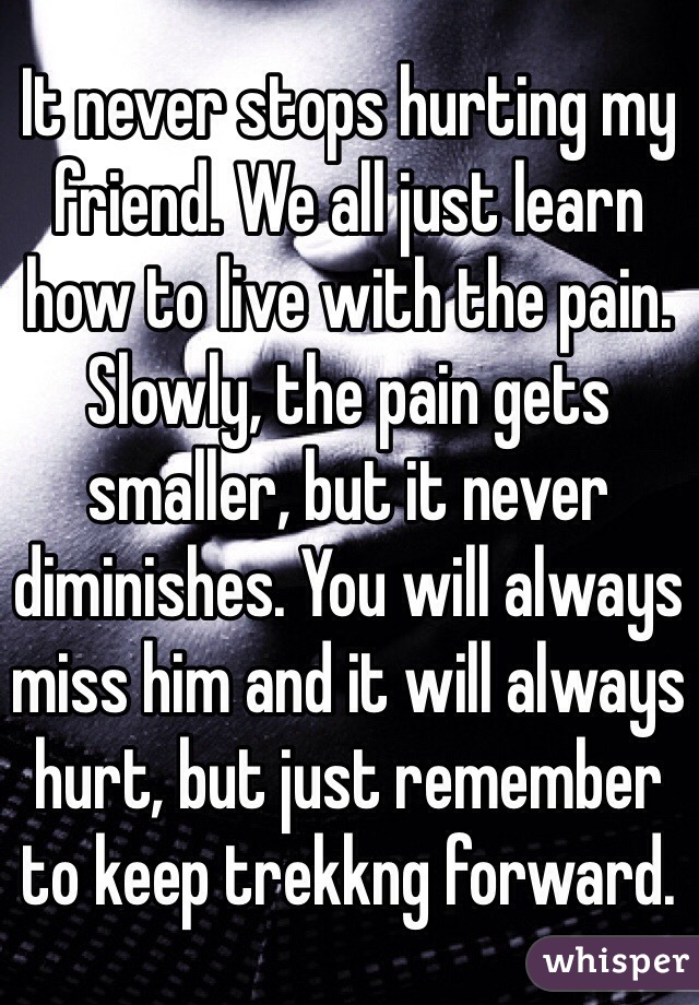 It never stops hurting my friend. We all just learn how to live with the pain. Slowly, the pain gets smaller, but it never diminishes. You will always miss him and it will always hurt, but just remember to keep trekkng forward. 