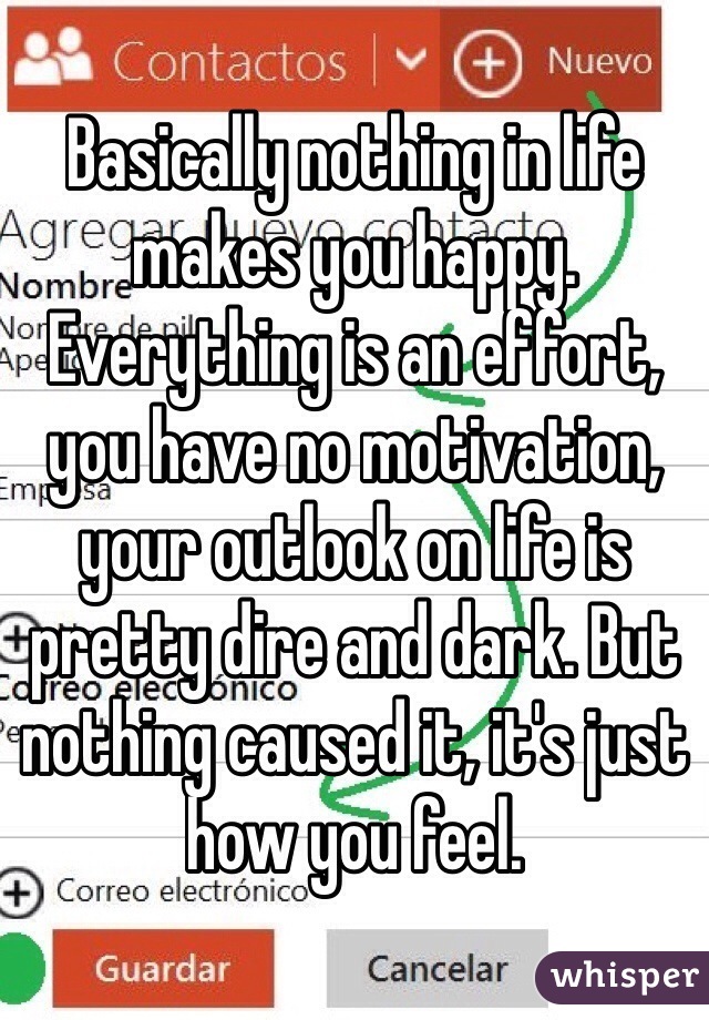 Basically nothing in life makes you happy. Everything is an effort, you have no motivation, your outlook on life is pretty dire and dark. But nothing caused it, it's just how you feel. 