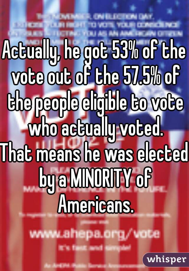 Actually, he got 53% of the vote out of the 57.5% of the people eligible to vote who actually voted.
That means he was elected by a MINORITY of Americans.