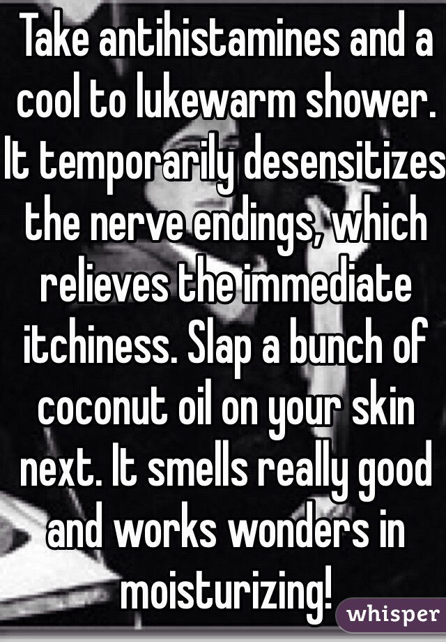 Take antihistamines and a cool to lukewarm shower. It temporarily desensitizes the nerve endings, which relieves the immediate itchiness. Slap a bunch of coconut oil on your skin next. It smells really good and works wonders in moisturizing!