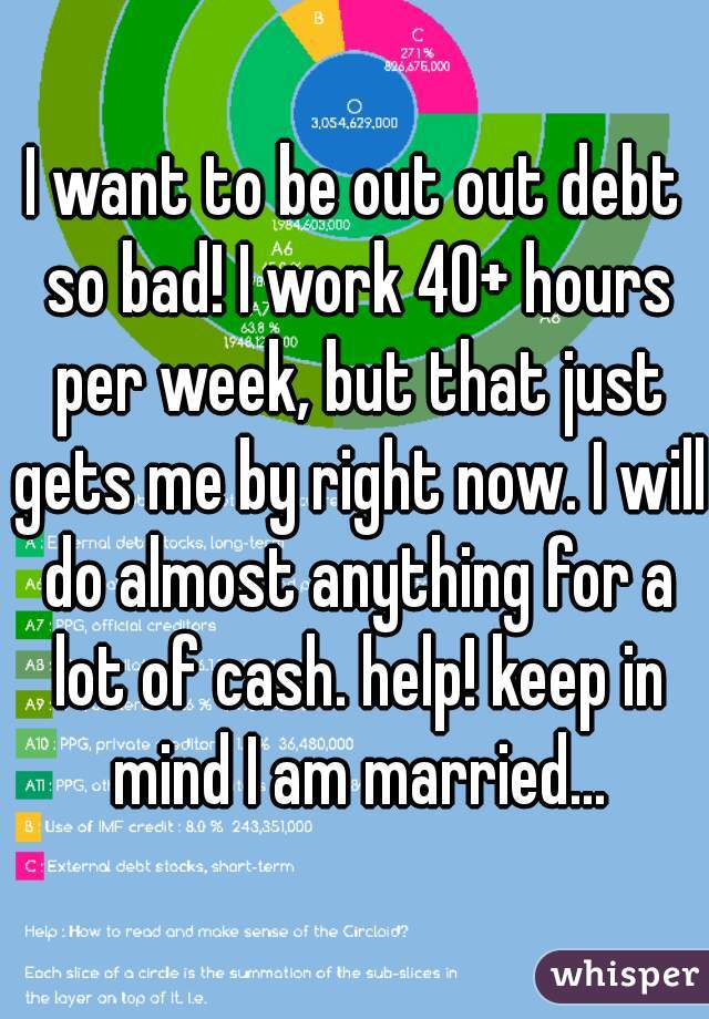 I want to be out out debt so bad! I work 40+ hours per week, but that just gets me by right now. I will do almost anything for a lot of cash. help! keep in mind I am married...