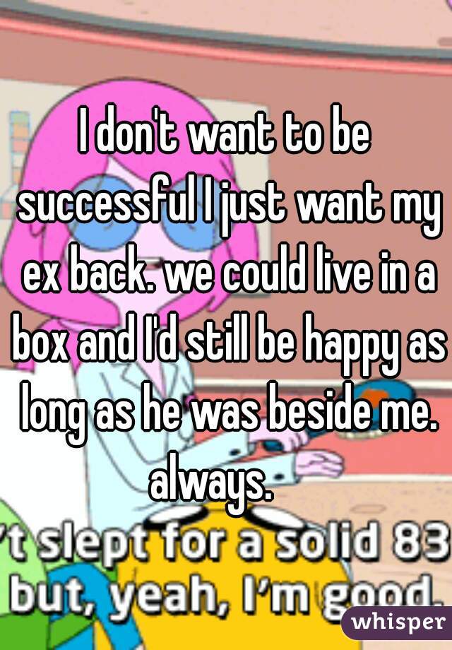 I don't want to be successful I just want my ex back. we could live in a box and I'd still be happy as long as he was beside me. always.    