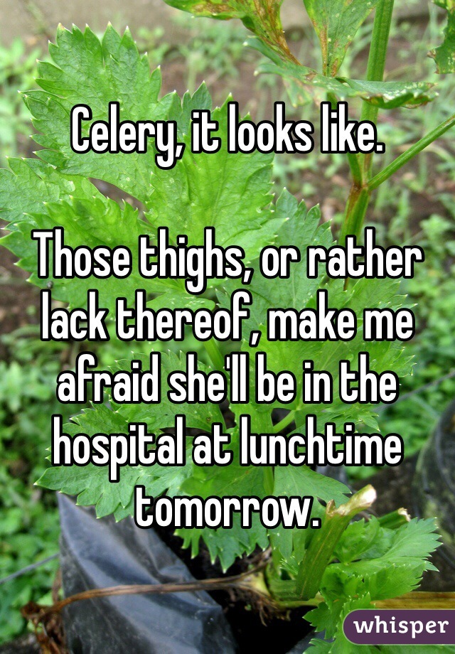 Celery, it looks like. 

Those thighs, or rather lack thereof, make me afraid she'll be in the hospital at lunchtime tomorrow. 