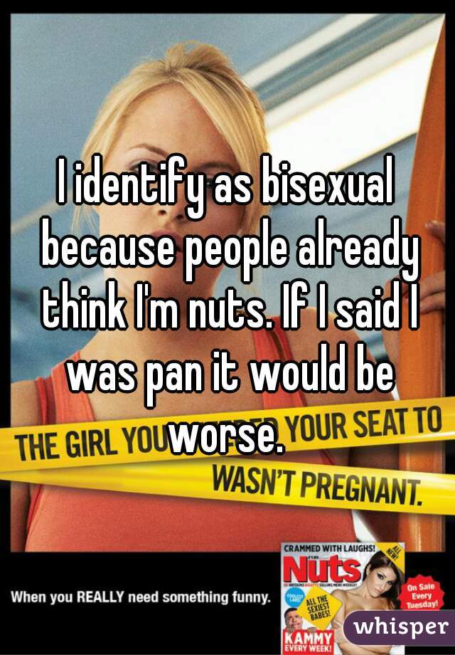 I identify as bisexual because people already think I'm nuts. If I said I was pan it would be worse. 