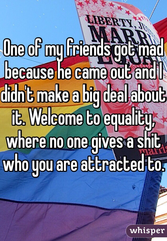 One of my friends got mad because he came out and I didn't make a big deal about it. Welcome to equality, where no one gives a shit who you are attracted to. 