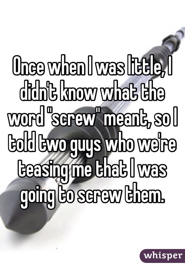 Once when I was little, I didn't know what the word "screw" meant, so I told two guys who we're teasing me that I was going to screw them.