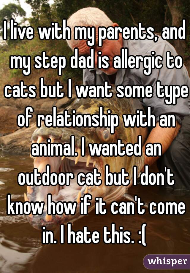 I live with my parents, and my step dad is allergic to cats but I want some type of relationship with an animal. I wanted an outdoor cat but I don't know how if it can't come in. I hate this. :( 
