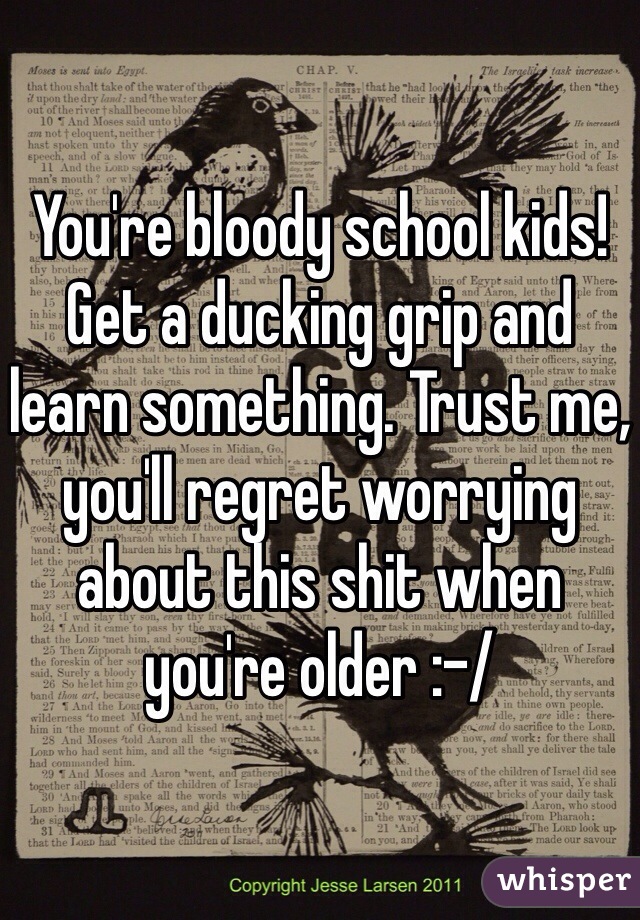 You're bloody school kids! Get a ducking grip and learn something. Trust me, you'll regret worrying about this shit when you're older :-/
