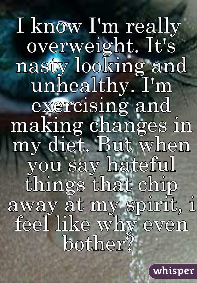 I know I'm really overweight. It's nasty looking and unhealthy. I'm exercising and making changes in my diet. But when you say hateful things that chip away at my spirit, i feel like why even bother? 