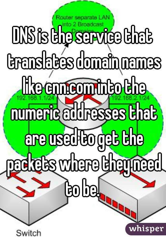 DNS is the service that translates domain names like cnn.com into the numeric addresses that are used to get the packets where they need to be. 