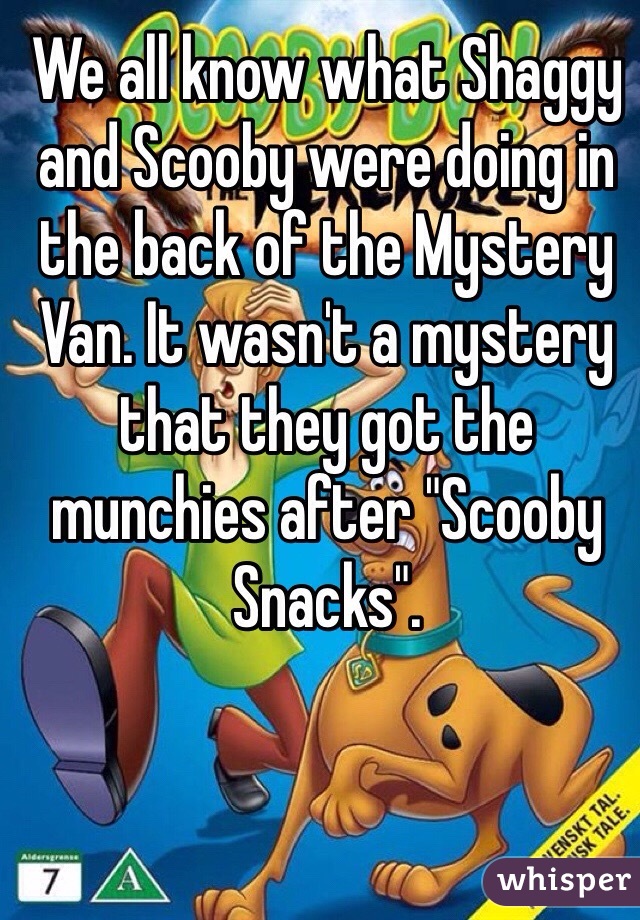We all know what Shaggy and Scooby were doing in the back of the Mystery Van. It wasn't a mystery that they got the munchies after "Scooby Snacks". 