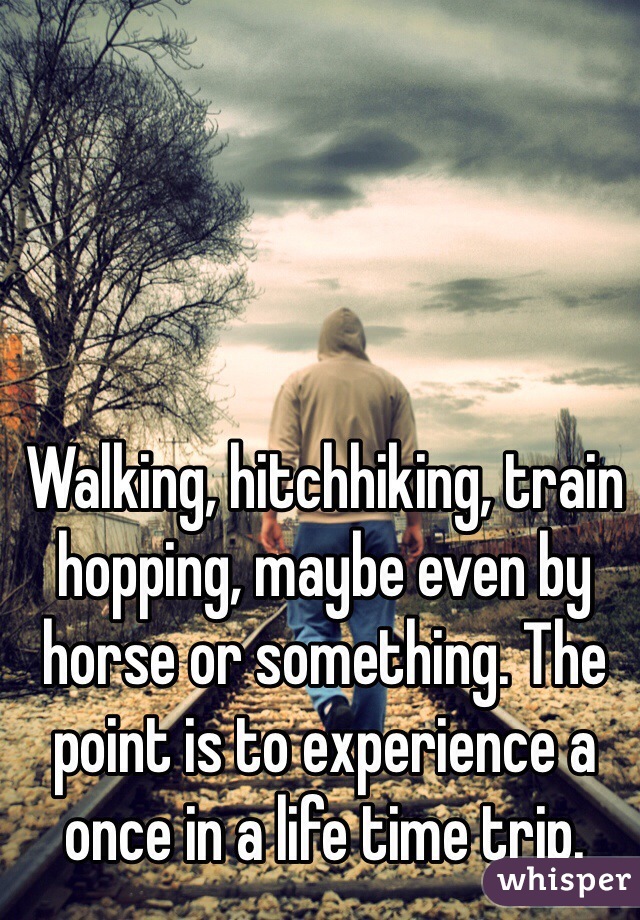 Walking, hitchhiking, train hopping, maybe even by horse or something. The point is to experience a once in a life time trip. 