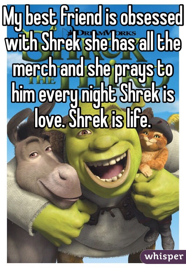 My best friend is obsessed with Shrek she has all the merch and she prays to him every night Shrek is love. Shrek is life.