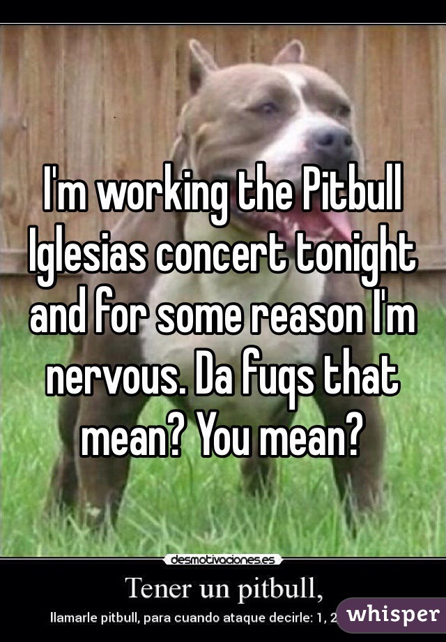 I'm working the Pitbull Iglesias concert tonight and for some reason I'm nervous. Da fuqs that mean? You mean?