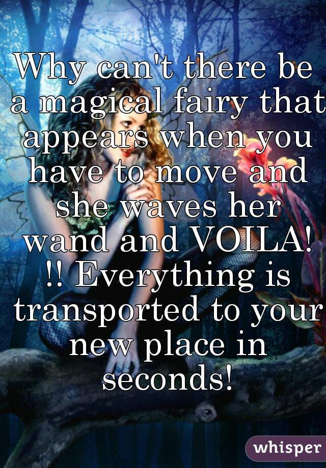 Why can't there be a magical fairy that appears when you have to move and she waves her wand and VOILA! !! Everything is transported to your new place in seconds!