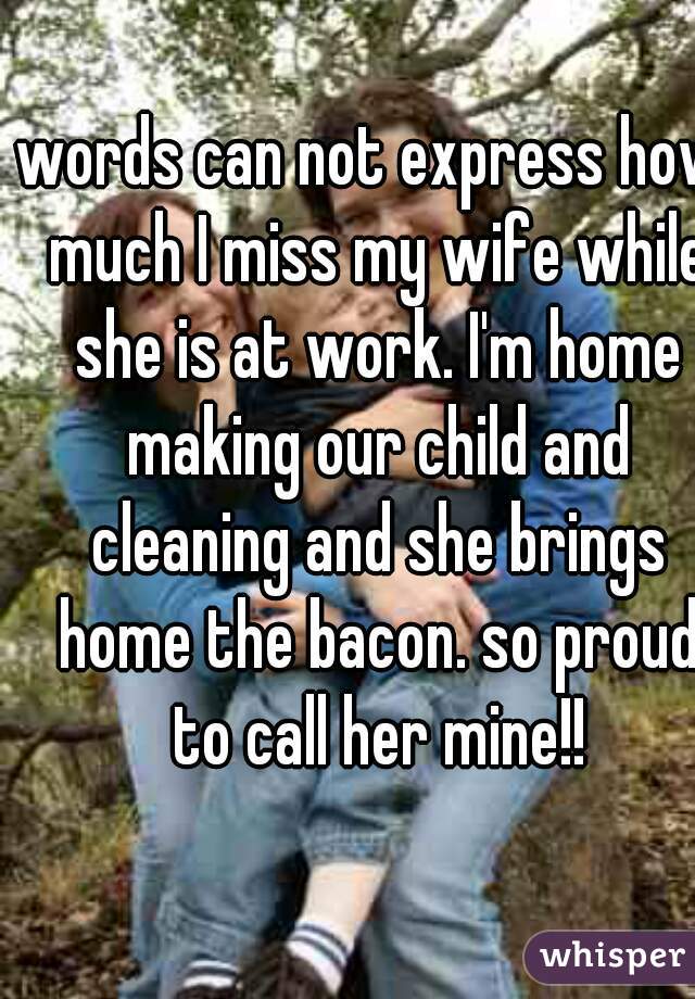 words can not express how much I miss my wife while she is at work. I'm home making our child and cleaning and she brings home the bacon. so proud to call her mine!!